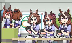 Rule 34 | 5girls, animal ears, antenna hair, arm behind back, aston machan (umamusume), blue eyes, bow, bowtie, brown hair, chair, controller, crossed arms, crown, daiwa scarlet (umamusume), earrings, game controller, hair intakes, hair ornament, hairclip, hamu koutarou, high ponytail, highres, holding, holding controller, holding game controller, horse ears, horse girl, horse tail, horseshoe ornament, jewelry, long hair, looking at another, mini crown, multicolored hair, multiple girls, over-kneehighs, pink bow, pleated skirt, puffy short sleeves, puffy sleeves, purple bow, purple bowtie, purple eyes, purple serafuku, purple shirt, red eyes, sailor collar, sailor shirt, school uniform, serafuku, shirt, short hair, short sleeves, single earring, sitting, skirt, streaked hair, symboli rudolf (umamusume), tail, thighhighs, tiara, tokai teio (umamusume), tracen school uniform, tsurumaru tsuyoshi (umamusume), twintails, two-tone hair, umamusume, very long hair, white hair, white skirt, white thighhighs, whiteboard