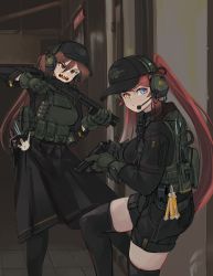 Rule 34 | 2girls, absurdres, bag charm, baseball cap, beretta 92, black shorts, black thighhighs, blue eyes, brown eyes, brown hair, bulletproof vest, charm (object), closed mouth, from side, gloves, green gloves, gun, handgun, hat, headphones, headset, heterochromia, highres, holding, holding gun, holding weapon, holstered, long hair, looking at viewer, looking to the side, microphone, military, military uniform, multiple girls, open mouth, original, police, polilla, ponytail, pouch, pump action, red hair, remington 870, sharp teeth, short shorts, shorts, shotgun, tactical clothes, teeth, thighhighs, trigger discipline, uniform, upper teeth only, very long hair, weapon, yellow eyes
