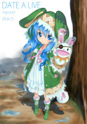 Rule 34 | 10s, 1girl, animal ears, animal hood, bad id, bad pixiv id, blue eyes, blue hair, blush, boots, bow, rabbit, rabbit ears, coat, date a live, english text, eyepatch, green footwear, hand puppet, highres, hood, long hair, looking at viewer, matching hair/eyes, neko7, puddle, puppet, solo, stuffed animal, stuffed rabbit, stuffed toy, tree, yoshino (date a live), yoshinon