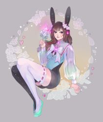 Rule 34 | 1girl, adapted costume, animal ears, asymmetrical legwear, brown hair, commentary, d.va (overwatch), facepaint, facial mark, flower, gem, glowing, green nails, grey background, hair ornament, heart, holding, holding staff, long hair, looking at viewer, magical girl, mismatched legwear, nail polish, overwatch, overwatch 1, petals, puffy sleeves, rabbit, rabbit ears, rose, rose (jaakotodile), see-through, shorts, simple background, sitting, solo, staff, thighhighs, whisker markings