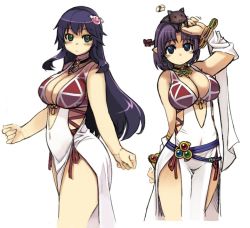 Rule 34 | 2girls, animal, animal on head, belly, blue eyes, breasts, cat, cleavage, green eyes, jewelry, large breasts, long hair, mil (xration), multiple girls, necklace, on head, ragnarok online, short hair, side slit, simple background, sorcerer (ragnarok online), standing, thick thighs, thighs, white background