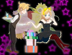 Rule 34 | 1boy, 1girl, bad id, bad pixiv id, brother and sister, butler, cake, dress, drink, closed eyes, flower, food, gift, hair ribbon, kagamine len, kagamine rin, masyu, pantyhose, pastry, pudding, ribbon, siblings, sitting, star (symbol), tray, twins, vocaloid