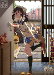 Rule 34 | 1boy, 2girls, aoi sora (pairan), bag, bread, bread slice, brown eyes, brown hair, converse, dog, food, food in mouth, highres, house, kneehighs, light switch, messenger bag, mouth hold, multiple girls, okinawa, original, pairan, purple eyes, putting on shoes, sanshin, shiba inu, shiisaa, shoes, shoulder bag, sliding doors, socks, solo focus, toast, toast in mouth, twintails, umbrella