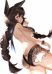 Rule 34 | 1girl, animal ears, ass, bare back, bare shoulders, black hair, blush, braid, breasts, butt crack, commentary request, cover, dutch angle, embarrassed, erune, frilled swimsuit, frills, granblue fantasy, highres, large breasts, light rays, light smile, long hair, looking at viewer, nier (granblue fantasy), nier (lover by the lily lake) (granblue fantasy), one-piece swimsuit, red eyes, scrunchie, sideboob, smile, solo, swimsuit, taka00277657, twin braids, wrist scrunchie