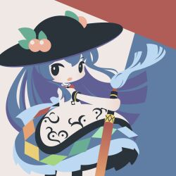 Rule 34 | 1girl, black eyes, black headwear, blue hair, blue skirt, bow, bowtie, bright pupils, cobalta, food, fruit, hinanawi tenshi, holding, holding sword, holding weapon, leaf, long hair, looking at viewer, multicolored background, open mouth, peach, rainbow gradient, red bow, red bowtie, shirt, short sleeves, skirt, solo, sword, sword of hisou, touhou, weapon, white pupils, white shirt