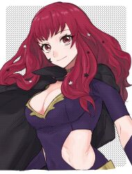 Rule 34 | 1girl, black bodysuit, black cape, bodysuit, breasts, cape, choker, cleavage, closed mouth, clothing cutout, commentary request, fire emblem, fire emblem engage, hair ornament, high collar, highres, long hair, looking at viewer, medium breasts, nintendo, pink choker, red eyes, red hair, short sleeves, smile, solo, star (symbol), star hair ornament, umi meteo, wavy hair, yunaka (fire emblem)