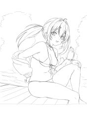 Rule 34 | 1girl, :d, ahoge, animal on arm, bikini, bird, bird on arm, blush, breasts, front-tie bikini top, front-tie top, goddess of victory: nikke, greyscale, hair intakes, hair ornament, hand on own knee, highres, hormone nikke, jacket, knee up, looking at viewer, mast (a pirate&#039;s heart) (nikke), mast (nikke), medium breasts, monochrome, navel, off-shoulder jacket, off shoulder, open mouth, short twintails, sitting, sketch, skull choker, skull hair ornament, smile, solo, spot color, string bikini, swimsuit, twintails, unfinished