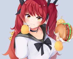 Rule 34 | 1girl, azur lane, bird, black choker, black ribbon, blue background, blush, breasts, burger, choker, collarbone, commentary request, derivative work, eating, food, food on face, hair ribbon, holding, holding food, honolulu (azur lane), honolulu (umbrella girl) (azur lane), irohara, large breasts, long hair, looking at viewer, meme, red eyes, red hair, ribbon, sailor moon redraw challenge (meme), shirt, short sleeves, simple background, solo, twintails, upper body, white shirt