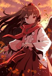 Rule 34 | 1girl, animal ears, autumn, autumn leaves, brown hair, closed mouth, commentary request, cowboy shot, falling leaves, floating hair, glowing leaves, hat, highres, holding, holding staff, japanese clothes, kimono, leaf, long hair, looking at viewer, original, outdoors, red eyes, red sash, red scarf, red skirt, sash, scarf, skirt, solo, staff, standing, tengu, tokin hat, weapon, white kimono, yukinagi