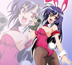 Rule 34 | &gt;:d, 1girl, :d, animal ears, armband, artist request, ass, bare shoulders, blue hair, bow, bowtie, breasts, controller, detached collar, eyebrows, fake animal ears, female focus, holding, kurokami medaka, large breasts, leotard, long hair, looking at viewer, looking back, medaka box, open mouth, playboy bunny, rabbit ears, rabbit tail, red eyes, sideboob, smile, solo, tail, teeth, v-shaped eyebrows, wrist cuffs, zoom layer