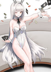 Rule 34 | 1girl, ;d, animal ears, bare shoulders, black necktie, blanc (nikke), blush, breasts, brown eyes, card, cirilla lin, closed mouth, couch, detached collar, fake animal ears, fake tail, feet out of frame, fishnet pantyhose, fishnets, goddess of victory: nikke, grey hair, hairband, highleg, highleg leotard, highres, holding, holding card, large breasts, leotard, long hair, looking at viewer, mole, mole under eye, necktie, on couch, one eye closed, open mouth, outstretched arm, pantyhose, parted lips, playboy bunny, playing card, poker chip, rabbit ears, rabbit tail, sitting, smile, solo, strapless, strapless leotard, tail, throwing, very long hair, white hairband, white leotard, wrist cuffs