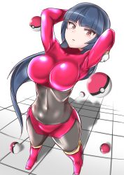 Rule 34 | 1girl, arms behind head, black bodysuit, black hair, blush, bodysuit, bodysuit under clothes, boots, breasts, commentary request, covered navel, creatures (company), game freak, highres, large breasts, long hair, looking at viewer, nintendo, poke ball, poke ball (basic), pokemon, pokemon frlg, red eyes, red footwear, red shirt, red skirt, sabrina (pokemon), shadow, shirt, skin tight, skirt, solo, sumida kichi, tile floor, tiles, white background