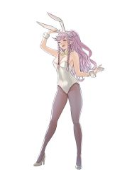 Rule 34 | 1girl, absurdres, alternate costume, bow, bowtie, braid, breasts, cleavage, detached collar, fire emblem, fire emblem awakening, high heels, highres, large breasts, leotard, long hair, nintendo, olivia (fire emblem), pantyhose, playboy bunny, pomelomelon, ponytail, smile, solo, twin braids, white background