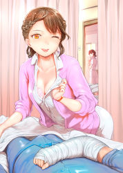 Rule 34 | 1boy, 2girls, ;p, bandaged arm, bandages, bed, bent over, blanket, blue pants, blue shirt, blush, bra, bra peek, braid, breasts, brown eyes, brown hair, bulge, cleavage, collarbone, collared shirt, commentary request, curtains, erection, erection under clothes, hair bun, hetero, highres, indoors, jacket, lab coat, looking at another, lying, medium breasts, mikazuki akira!, multiple girls, nurse, on back, on bed, one eye closed, original, pants, partially unbuttoned, pink jacket, pov, shirt, short hair, short sleeves, single hair bun, sleeves pushed up, solo focus, teeth, tongue, tongue out, underwear, watch, white pants, white shirt, wristwatch