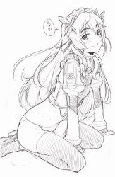 Rule 34 | 10s, 1girl, blush, chaika trabant, eyebrows, greyscale, hairband, hitsugi no chaika, ina (gokihoihoi), kneeling, long hair, looking at viewer, monochrome, panties, simple background, sketch, smile, solo, thighhighs, underwear, white background