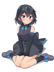 Rule 34 | 1girl, absurdres, bare shoulders, black gloves, black hair, black shirt, black skirt, black socks, blue bow, blush, bow, bowtie, center frills, commentary, elbow gloves, footwear bow, frills, full body, gloves, hair between eyes, head wings, high-waist skirt, highres, kemono friends, looking at viewer, shiraha maru, shirt, short hair, simple background, sitting, skirt, sleeveless, sleeveless shirt, socks, solo, superb bird-of-paradise (kemono friends), wariza, white background, wings