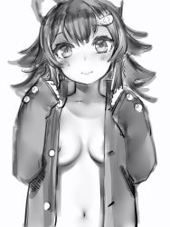 Rule 34 | 1girl, bad id, bad twitter id, blush, greyscale, hair ornament, hairclip, hands up, head tilt, highres, hololive, jacket, long hair, long sleeves, looking at viewer, monochrome, naked jacket, nanashi (nlo), navel, nipples, ookami mio, parted lips, simple background, sleeves past wrists, smile, solo, virtual youtuber, white background
