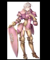 Rule 34 | 1girl, armor, artist request, boots, breastplate, couter, effie (fire emblem), expressionless, fire emblem, fire emblem fates, fire emblem heroes, full armor, gauntlets, hair bun, hand on own chest, highres, lips, nintendo, pauldrons, pink armor, shield, shoulder armor, sidelocks, silver hair, single hair bun, solo, thigh boots, thighhighs