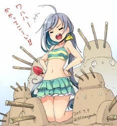 Rule 34 | 10s, 1girl, ahoge, closed eyes, gradient background, grey hair, hair ribbon, hands on own hips, kantai collection, kiyoshimo (kancolle), kneeling, long hair, low twintails, magenta (atyana), open mouth, ribbon, sand, sand sculpture, skirt, solo, swimsuit, translated, twintails, very long hair
