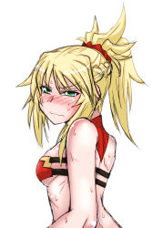 Rule 34 | &gt;:(, 1girl, bare arms, bare shoulders, bikini, bikini top only, blonde hair, blush, fate/apocrypha, fate/grand order, fate (series), frown, green eyes, highres, mitsurugi tsurugi, mordred (fate), mordred (fate/apocrypha), ponytail, red bikini, simple background, solo, swimsuit, upper body, v-shaped eyebrows, white background