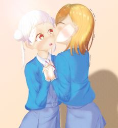 Rule 34 | 2girls, arashi chisato, artist name, artist request, belt, blue cardigan, blue jacket, blush, bow, bowtie, breasts, buttons, cardigan, closed eyes, collared shirt, cropped jacket, double bun, dress, dress shirt, female focus, fingers together, grey belt, grey shirt, grey skirt, hair bun, hair tie, highres, holding, holding hands, jacket, kissing cheek, long hair, long sleeves, looking at viewer, love live!, love live! superstar!!, miniskirt, multiple girls, neck ribbon, o-ring, o-ring belt, orange hair, parted lips, plaid, plaid skirt, pleated, pleated skirt, red bow, red eyes, red ribbon, ribbon, school uniform, shibuya kanon, shirt, skirt, small breasts, smile, twintails, white hair, white shirt, wing collar, yuigaoka school uniform