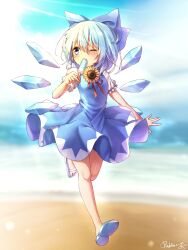 Rule 34 | 1girl, artist name, blue bow, blue dress, blue eyes, blue footwear, blue hair, blush, bow, cirno, collared shirt, detached wings, dress, fairy, flower, food, full body, hair between eyes, hair bow, highres, holding, holding food, ice, ice wings, one eye closed, popsicle, pudding (skymint 028), sandals, shirt, short hair, short sleeves, signature, solo, sunflower, tanned cirno, touhou, white shirt, wings, yellow flower