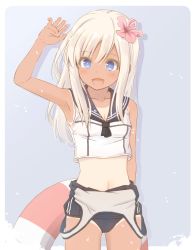 Rule 34 | 1girl, :d, arm up, armpits, bare shoulders, blonde hair, blue eyes, blush, breasts, commentary request, cowboy shot, crop top, flower, fujisaki yuu, hair flower, hair ornament, kantai collection, lifebuoy, long hair, looking at viewer, navel, nontraditional school swimsuit, off shoulder, one-piece swimsuit, one-piece tan, open mouth, ro-500 (kancolle), sailor collar, school swimsuit, simple background, small breasts, smile, solo, swim ring, swimsuit, swimsuit under clothes, tan, tanline, water drop