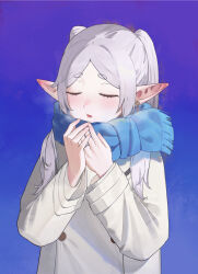 Rule 34 | 1girl, blue background, blue scarf, blush, breath, chinese commentary, closed eyes, cold, commentary, dress, elf, frieren, grey hair, hands up, highres, im (dorya9), long hair, long sleeves, open mouth, parted bangs, pointy ears, scarf, short eyebrows, simple background, solo, sousou no frieren, thick eyebrows, twintails, upper body, white dress, winter clothes