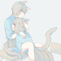 Rule 34 | 2girls, animal ears, between legs, blue shirt, blush, chair, chin rest, collared shirt, desk, dog ears, dog girl, dog tail, grey background, grey hair, hand on another&#039;s head, hand on another&#039;s shoulder, head on chest, head on head, head rest, holding another&#039;s tail, inutose, leaning forward, medium hair, multiple girls, on desk, original, school, school chair, school desk, shirt, simple background, sitting, on desk, tail, upper body, yuri
