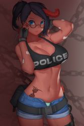 Rule 34 | 1girl, adjusting eyewear, aqua panties, bad id, bad pixiv id, bag, bandaid, bandaid on arm, belt, belt pouch, black gloves, black hair, blue eyes, blue hair, blue shorts, breasts, brown background, buckle, bypos, chain, cleavage, closed mouth, cowboy shot, crop top, denim, denim shorts, fang, fang out, female focus, fingerless gloves, fingernails, glasses, gloves, halterneck, hand on own head, highres, large breasts, lipstick, long fingernails, long hair, looking at viewer, makeup, matching hair/eyes, midriff, military, military uniform, nail polish, navel, open fly, original, panties, parted bangs, pink lips, police, police uniform, policewoman, ponytail, pouch, round eyewear, short shorts, shorts, snap-fit buckle, solo, stomach, striped clothes, striped panties, tank top, tattoo, underwear, uniform, unzipped