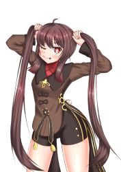 Rule 34 | 1girl, absurdres, brown hair, bunching hair, genshin impact, highres, hu tao (genshin impact), legs, long hair, looking at viewer, one eye closed, red eyes, smile, solo, thighs, tongue, tongue out, twintails, very long hair