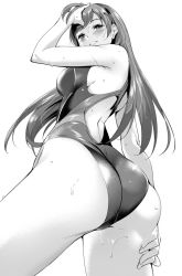 Rule 34 | 10s, 1girl, ass, bare shoulders, blush, breasts, competition swimsuit, from below, greyscale, idolmaster, idolmaster cinderella girls, idolmaster cinderella girls starlight stage, long hair, monochrome, nitta minami, one-piece swimsuit, sideboob, simple background, smile, solo, swimsuit, tomohiro kai, wet, white background