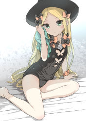 Rule 34 | 1girl, abigail williams (fate), absurdres, anzu yoshihiro, black bow, black hat, black one-piece swimsuit, blonde hair, blue eyes, blush, bow, fate/grand order, fate (series), forehead, hair bow, hat, highres, legs, long hair, looking at viewer, one-piece swimsuit, open mouth, orange bow, parted bangs, polka dot, polka dot bow, simple background, sitting, solo, swimsuit, thighs, towel
