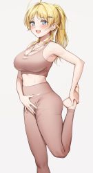 Rule 34 | 1girl, ahoge, ameyame, armpits, bare shoulders, barefoot, blue eyes, blush, breasts, commentary, covering crotch, covering privates, grey background, hachimiya meguru, hair ornament, hairclip, high-waist pants, highres, idolmaster, idolmaster shiny colors, large breasts, long hair, looking at viewer, nike (company), open mouth, pants, raised eyebrows, simple background, solo, sports bra, sportswear, standing, standing on one leg, stretching, sweat, teeth, thighs, upper teeth only, yoga pants
