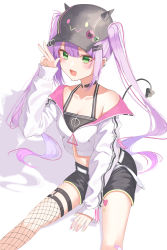 Rule 34 | 1girl, :d, asymmetrical legwear, bad id, bad pixiv id, barbell piercing, baseball cap, between legs, black hat, black shorts, blunt bangs, breasts, cleavage, collarbone, daimi 94, demon tail, ear piercing, fake horns, fang, fishnet thighhighs, fishnets, green eyes, hair ornament, hairclip, halterneck, hand between legs, hat, highres, hololive, horned headwear, horns, industrial piercing, jacket, long hair, long sleeves, midriff, multicolored nails, nail polish, navel, open clothes, open jacket, open mouth, piercing, pink hair, pink nails, pointy ears, short shorts, shorts, single thighhigh, sitting, sleeves past wrists, small breasts, smile, solo, stomach, tail, thighhighs, tokoyami towa, twintails, uneven legwear, very long hair, virtual youtuber, w, white background, white jacket, white nails