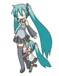 Rule 34 | &gt; &lt;, chibi miku, closed eyes, detached sleeves, hatsune miku, long hair, minami (colorful palette), necktie, siblings, simple background, sisters, skirt, thighhighs, twintails, very long hair, vocaloid, zettai ryouiki