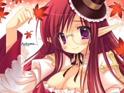 Rule 34 | 1girl, arch bishop (ragnarok online), bad id, bad pixiv id, breasts, cleavage, emily (pure dream), glasses, hat, large breasts, long hair, pointy ears, ragnarok online, red eyes, red hair, solo
