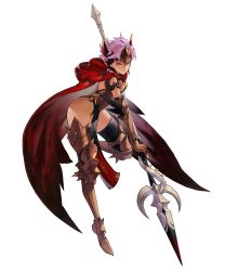Rule 34 | 1girl, armor, cape, eileen (seven knights), full body, gloves, greaves, headpiece, highres, pink eyes, polearm, purple hair, red cape, red eyes, seven knights, short hair, solo, spear, standing, standing on one leg, weapon, white background