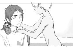 Rule 34 | 2boys, age difference, clothed male nude male, draugnut, greyscale, headphones, highres, male focus, monochrome, multiple boys, nude, onii-shota, open mouth, original, reaching, short hair, smile, yaoi