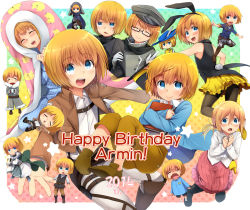 Rule 34 | 1boy, :o, ^ ^, aged down, alternate costume, animal ears, armin arlert, armor, belt, bespectacled, black legwear, blanket, blonde hair, blush, book, boots, buckle, cape, character name, chibi, cloak, closed eyes, coat, cosplay, crossdressing, crying, dated, fake animal ears, fur coat, glasses, gloves, happy birthday, hat, high heels, historia reiss (cosplay), jacket, krista lenz, long hair, long sleeves, marimo danshaku, military, military uniform, multiple persona, outstretched arms, pajamas, pantyhose, pointing, rabbit ears, rabbit tail, shingeki no kyojin, short hair, skirt, smile, spread arms, star (symbol), tail, tears, thigh strap, triangle mouth, uniform, usamin, vest, wavy mouth