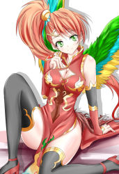 Rule 34 | 1girl, breasts, chinese clothes, cleavage, cleavage cutout, clothing cutout, earrings, elbow gloves, gloves, green eyes, jewelry, leilan (p&amp;d), leiran (p&amp;d), long hair, minato yoshihiro, puzzle &amp; dragons, red hair, side ponytail, sitting, smile, solo, thighhighs, wings