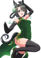 1girl animal_ears armpits bare_shoulders black_gloves black_hair black_thighhighs braid breasts china_dress chinese_clothes crown dress ear_ornament elbow_gloves gloves green_dress green_eyes green_footwear high_heels highres horse_ears horse_girl horse_tail looking_at_viewer medium_breasts multicolored_hair satono_crown_(umamusume) shiromaru_illust sleeveless sleeveless_dress tail thighhighs thighs twin_braids umamusume white_background white_hair