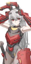 Rule 34 | 1girl, absurdres, adjusting hair, bare shoulders, charolic (girls&#039; frontline 2), cheogtanbyeong, gauntlets, girls&#039; frontline, girls&#039; frontline 2: exilium, grey hair, highres, leotard, long hair, looking to the side, mechanical ears, pantyhose, rabbit tail, red eyes, solo, tail, unfinished, very long hair