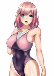 Rule 34 | 1girl, :3, blue eyes, breasts, collarbone, competition swimsuit, cowboy shot, hair ornament, hand on own chest, highres, large breasts, looking at viewer, multicolored clothes, multicolored swimsuit, nijisanji, one-piece swimsuit, open mouth, pink hair, short hair, simple background, solo, suzuhara lulu, swimsuit, virtual youtuber, white background, x hair ornament, yurizuku owl