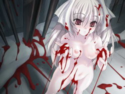Rule 34 | blood, breasts, guro, hair ribbon, impaled, nude, red eyes, ribbon, silver hair