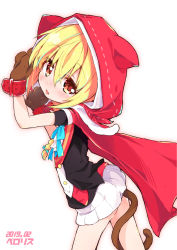 Rule 34 | 1girl, animal ears, animal hands, blonde hair, commentary, fake animal ears, gloves, han-gyaku-sei million arthur, highres, hood, looking at viewer, million arthur (series), out of character, paw gloves, perorisu, renkin arthur, solo, sweat, tail, tongue, tongue out, white background