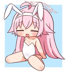 Rule 34 | 1girl, :d, ahoge, animal ears, bare arms, bare legs, bare shoulders, barefoot, blue archive, blue background, blush, breasts, chibi, closed eyes, collarbone, facing viewer, fake animal ears, full body, hair between eyes, hairband, halo, hana kazari, highres, hoshino (blue archive), leotard, long hair, open mouth, pink hair, playboy bunny, rabbit ears, sitting, small breasts, smile, solo, strapless, strapless leotard, two-tone background, very long hair, wariza, white background, white hairband, white leotard
