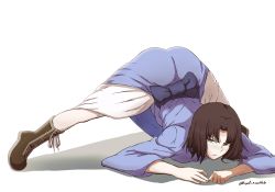 Rule 34 | 1girl, absurdres, boots, brown eyes, brown footwear, brown hair, closed mouth, commentary request, frown, hair between eyes, hands on floor, highres, ikecchi (hayato moon), jack-o&#039; challenge, japanese clothes, kara no kyoukai, kimono, long sleeves, looking at viewer, ryougi shiki, sash, short hair, solo, sweatdrop, twitter username
