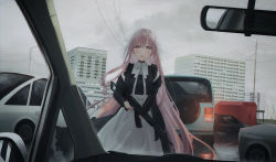 Rule 34 | 1girl, :d, apron, black dress, blush, brown eyes, building, cat, chihuri, cloud, cloudy sky, collared shirt, commentary request, dress, dress shirt, dutch angle, gun, hair between eyes, holding, holding gun, holding weapon, lamppost, long hair, long sleeves, looking at viewer, open mouth, original, overcast, pink hair, power lines, see-through, shirt, sky, smile, solo, vehicle request, veil, very long hair, waist apron, weapon, weapon request, white apron, white shirt, yana (chihuri)