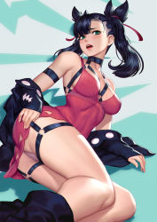 Rule 34 | 1girl, aged up, alternate breast size, arm strap, arm support, artist name, ass, asymmetrical bangs, bare shoulders, black footwear, black hair, black jacket, blue background, blush, bondage outfit, breasts, cleavage, creatures (company), dress, game freak, green eyes, hair ribbon, harness, highres, jacket, long hair, long sleeves, looking at viewer, lying, marnie (pokemon), medium breasts, neoartcore, nintendo, off shoulder, on side, open clothes, open jacket, open mouth, panties, pantyshot, pink lips, pokemon, pokemon swsh, red ribbon, ribbon, short dress, sleeves past wrists, solo, teeth, thigh strap, thighs, twintails, underwear, upper teeth only, upskirt, white panties
